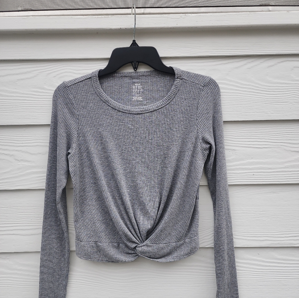 S Aerie Heather Gray Twist Front Long Sleeve Top